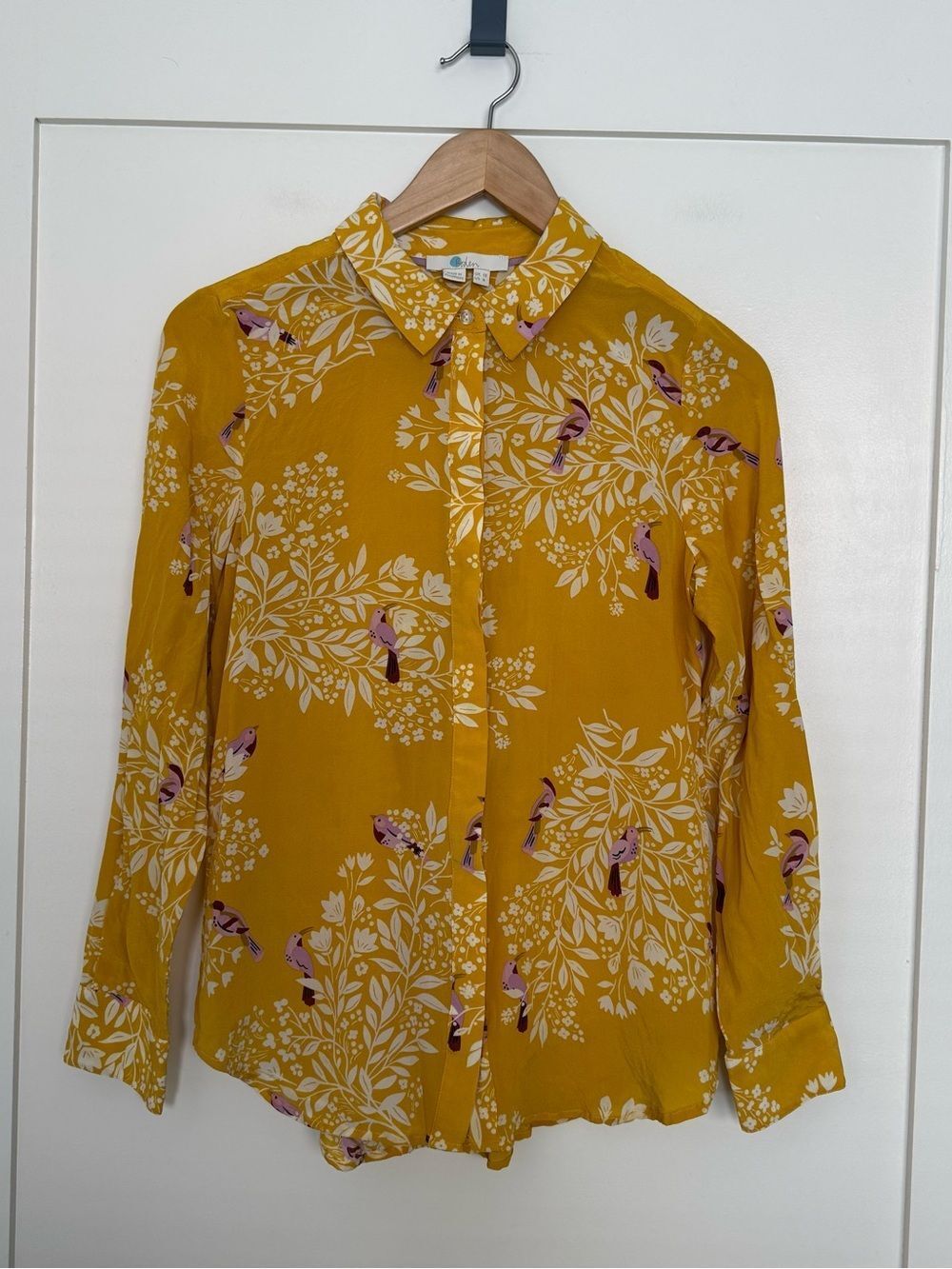 Boden Mustard Yellow Floral & Bird Button-Up Blouse 100% Silk